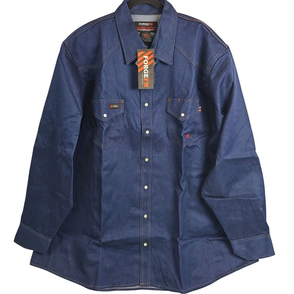 NWT Forge Fr Flame Resistant Denim Work Shirt Peal Snaps Welding Sz 5XL